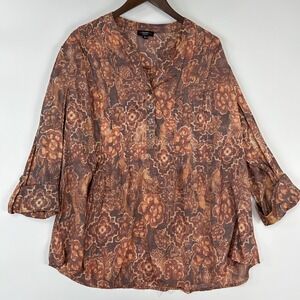 Cocomo Woman Peasant Top Size 2X Burnt Orange Floral Print Henley Roll Tab Boho